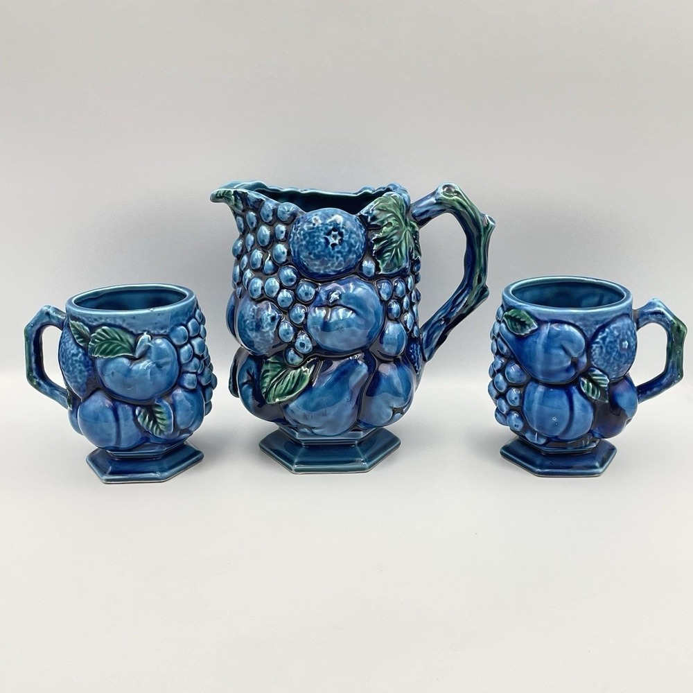 Inarco Japan Blue Fruit Pitcher & 2 Mugs Set E2431 / E2429 Vintage Ceramic 1960s